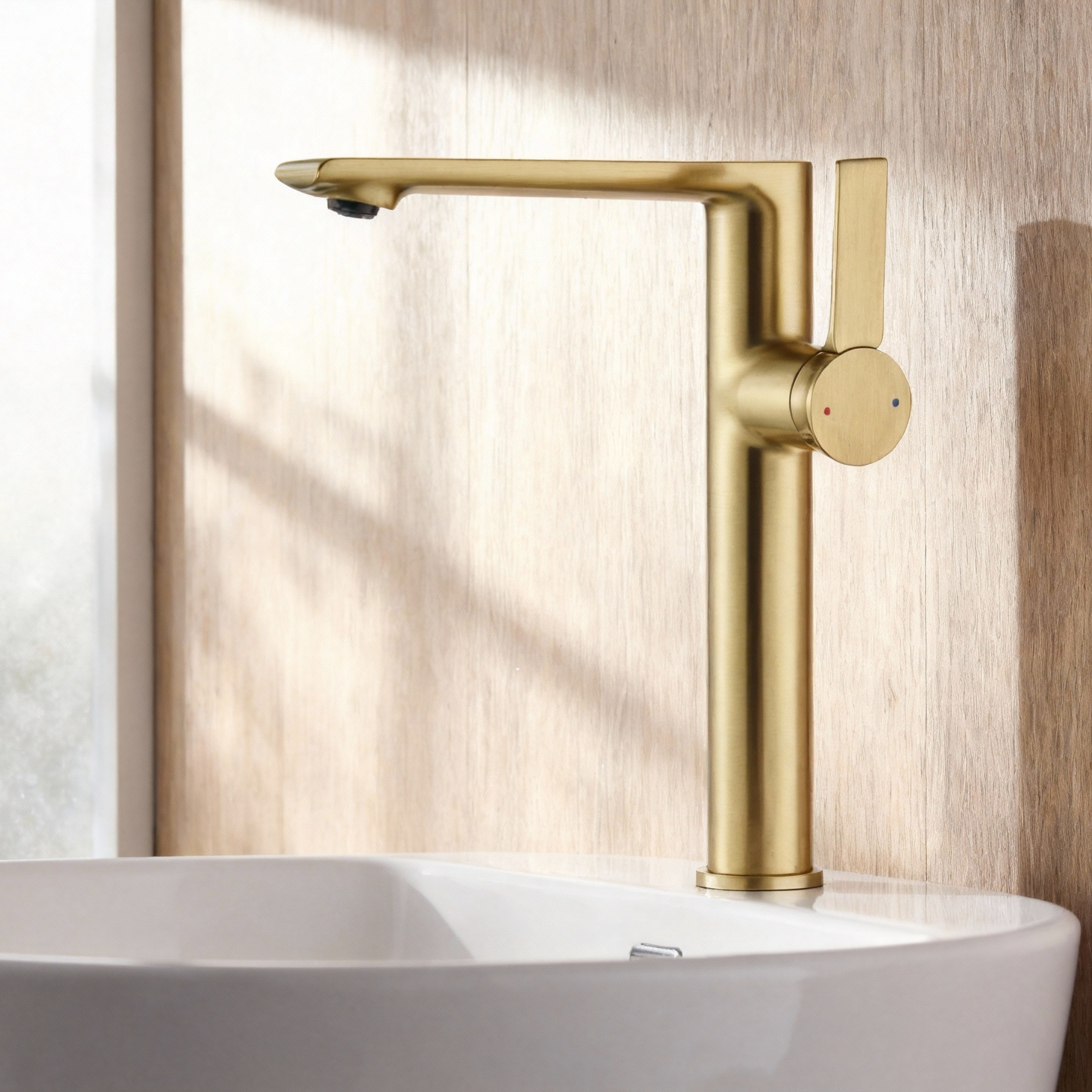 1401034 Brushed Gold Brass Basin Faucet Modern Tall Single-Handle Mixer Tap for Countertop Basins