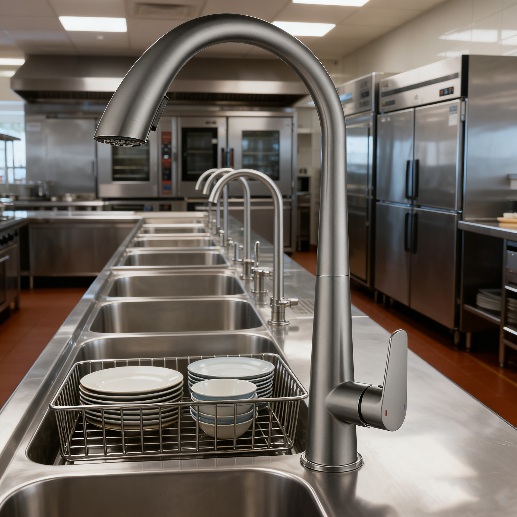 Commercial Kitchen Faucet with High Arc Stainless Steel Mixer Tap with Flexible Sprayer for Hotel and Restaurant Projects