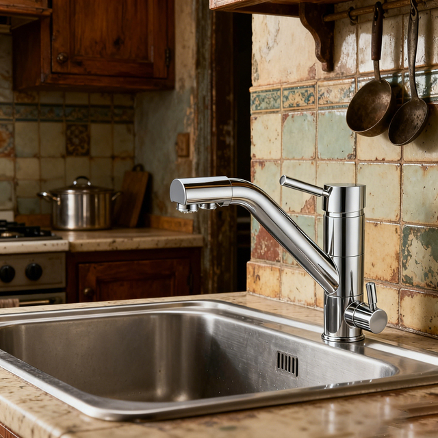 Brass Kitchen Faucet with Dual Water Outlet Zinc-Alloy Handle and Angled Spout Design with Durable Chrome Finish for Kitchen Project 