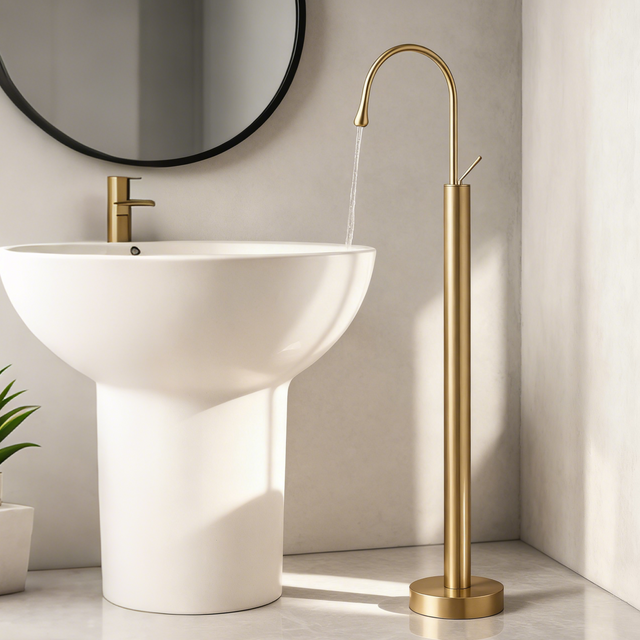 Polished Gold Freestanding Bathtub Faucet with Curved High Arc Teardrop Spout Lever Handle Aerated Flow Corrosion-Resistant Copper Construction and G1/2 Inlet Pipe - Model 1401008