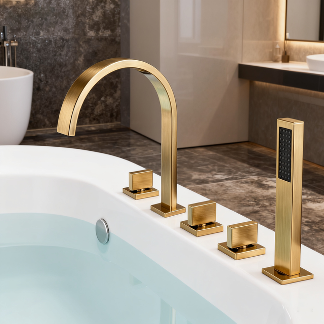 5-Hole Deck-Mounted Bathtub Faucet Set | Brushed Gold | Elegant Arc Design