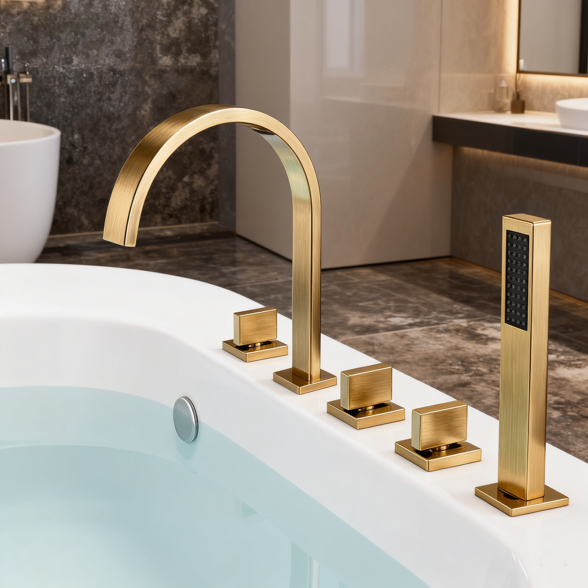5-Hole Deck-Mounted Bathtub Faucet Set | Brushed Gold | Elegant Arc Design