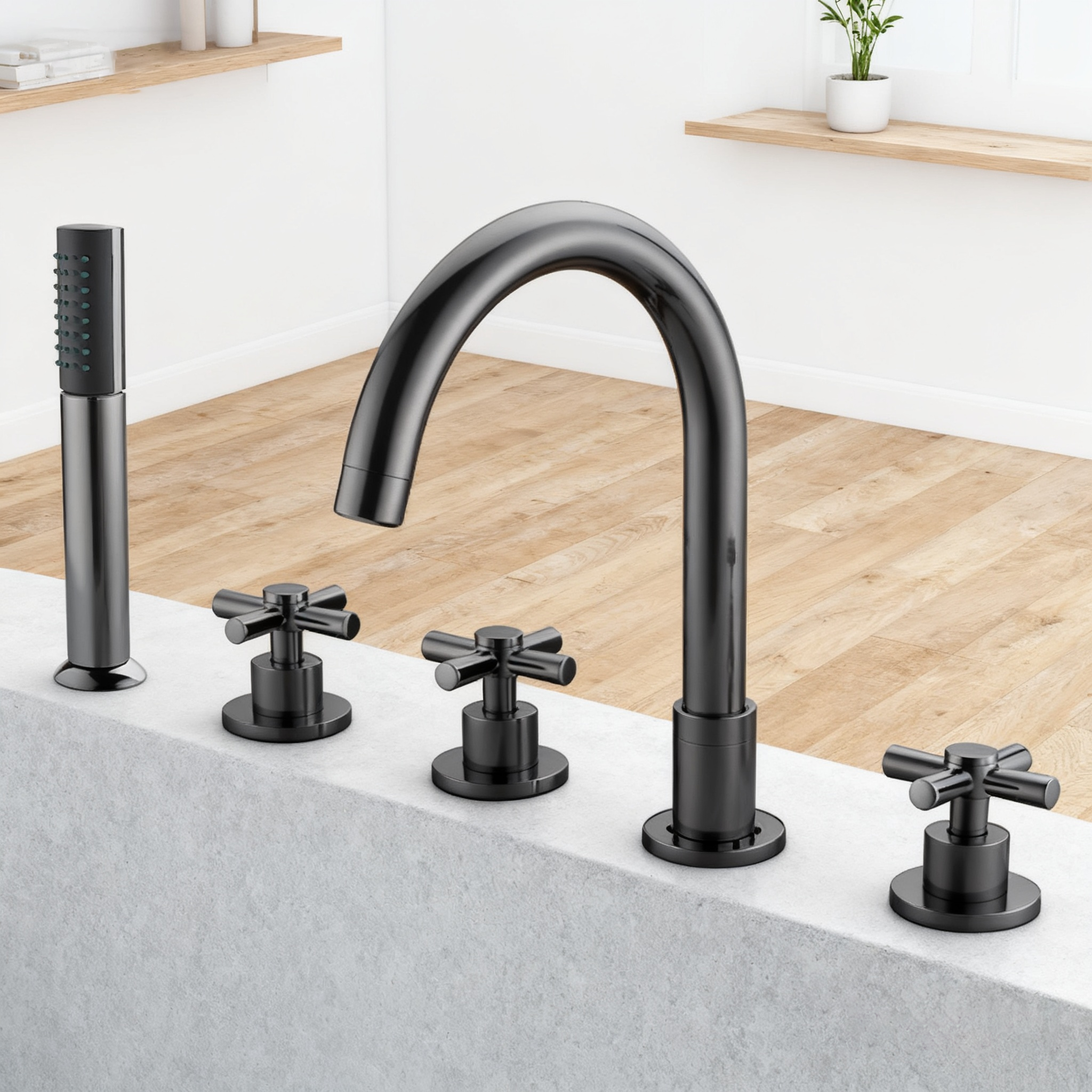 DF-02035 Deck-Mounted Bathtub Mixer – Classic Cross Handle 5-Hole Roman Tub Faucet Set in Brushed Gold