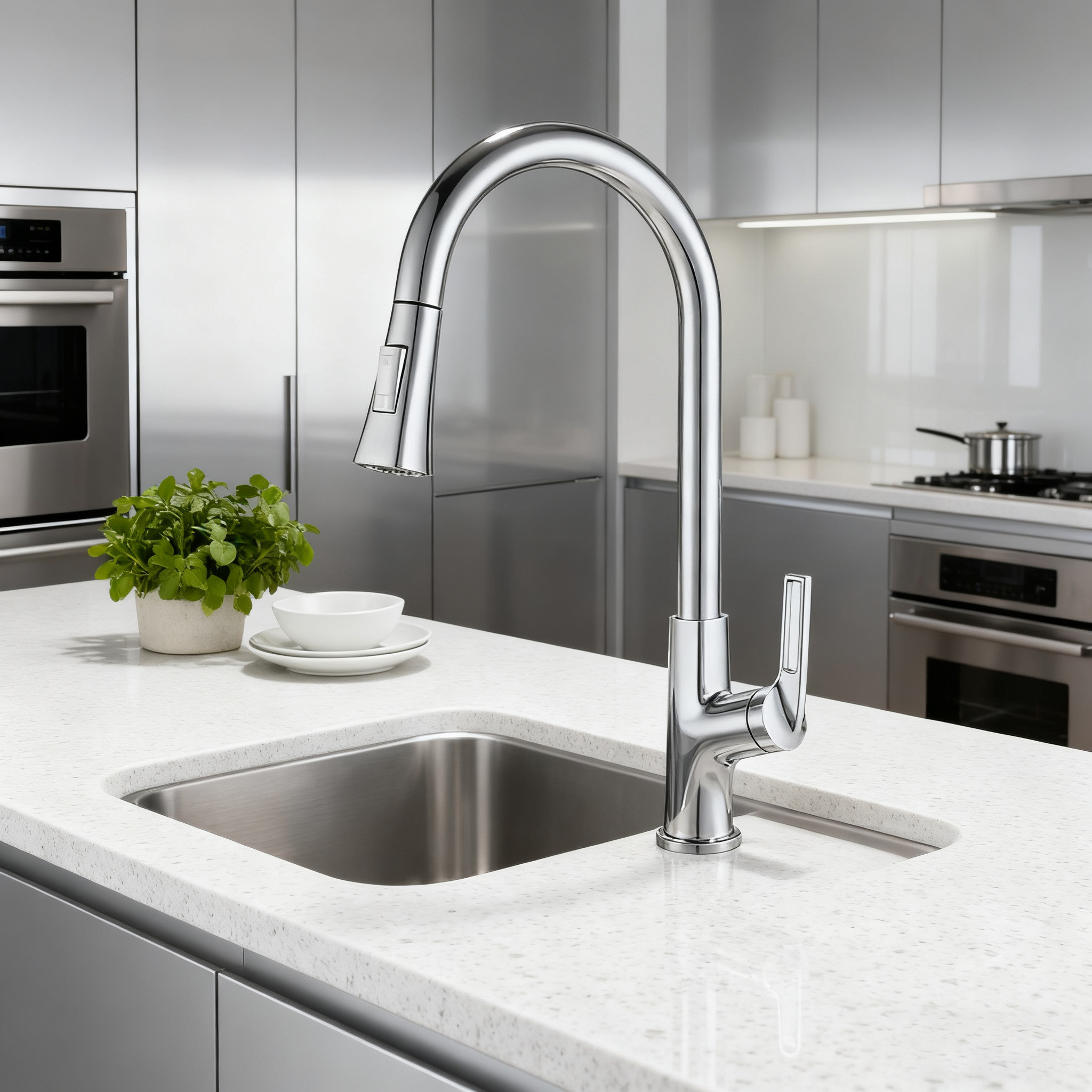 Modern Pull Down Kitchen Faucet With Sprayer Single Handle High Arc Chrome Finish Brass Body