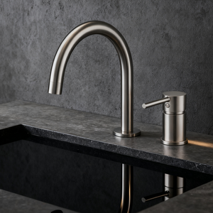 Brushed Nickel Two Piece Single Hole Bathroom Sink Faucet with Curved High Arc Spout Separate Lever Handle Aerated Flow and Corrosion-Resistant Copper Construction - Model DF-05024-2