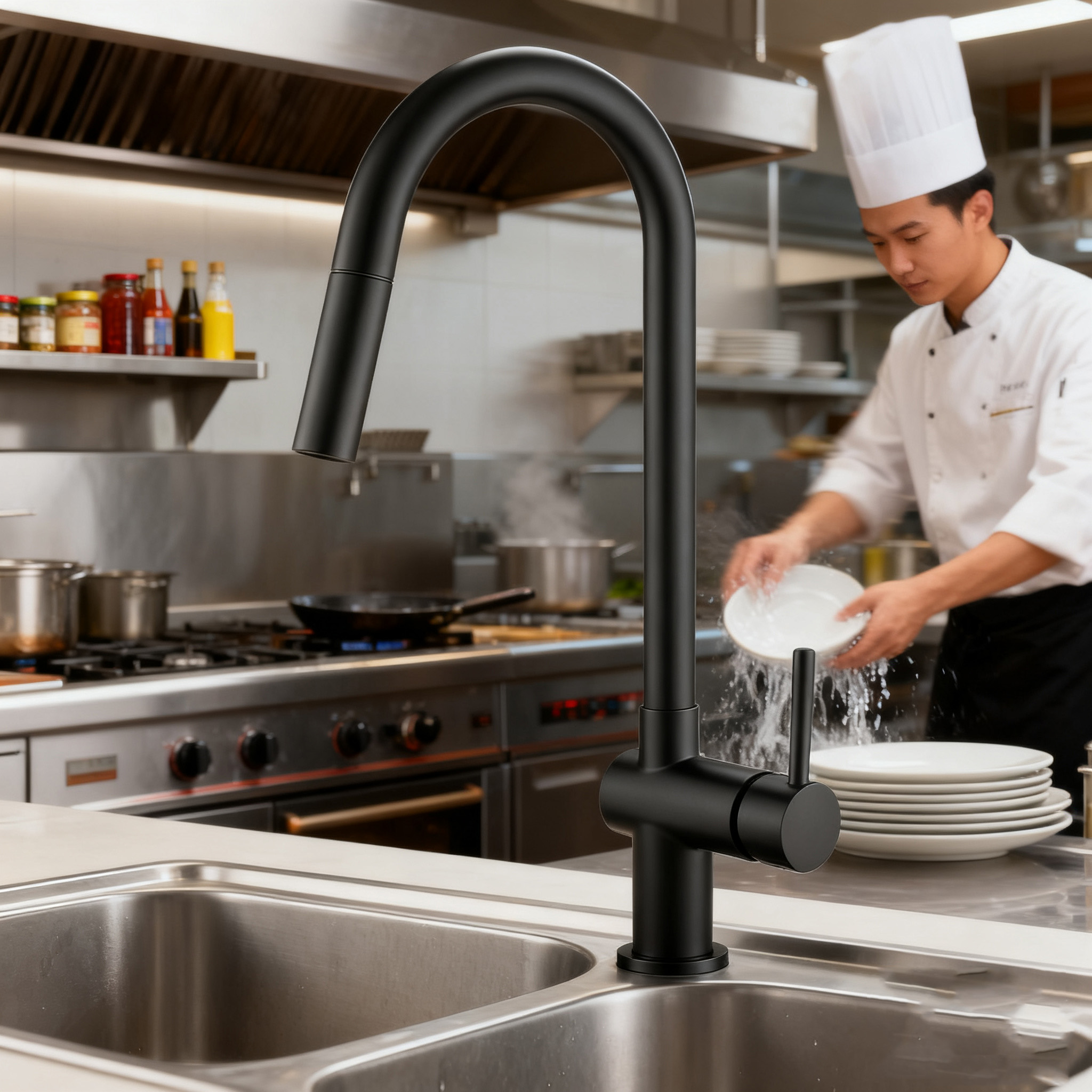 Modern Chrome Pull-Out Kitchen Faucet and Cylindrical Brass Mixer Tap with Sprayer 