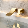 Brushed Gold Wall Mounted Waterfall Bathroom Sink Faucet with Single Lever Handle Wide Cascade Spout and Corrosion Resistant Finish for Modern Basin Installations