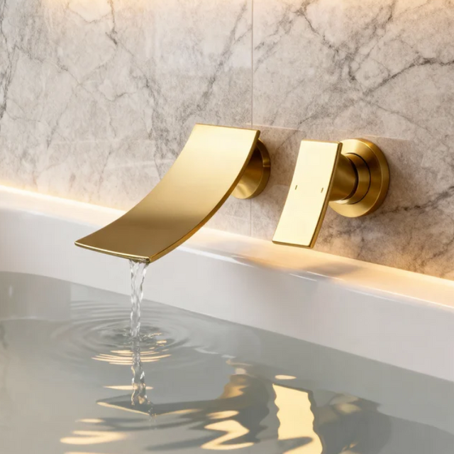 Brushed Gold Wall Mounted Waterfall Bathroom Sink Faucet with Single Lever Handle Wide Cascade Spout and Corrosion Resistant Finish for Modern Basin Installations