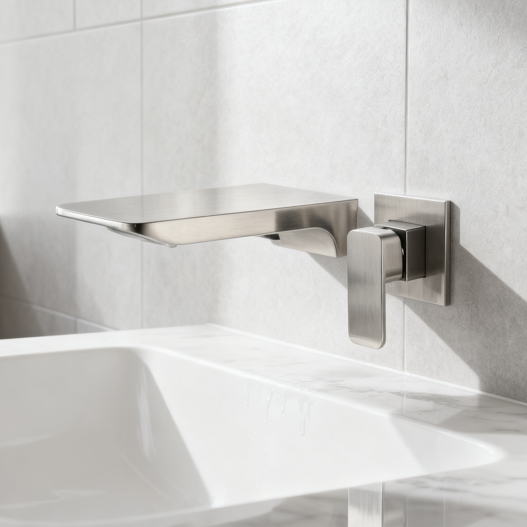 1402006 Wall-Mounted Brass Basin Faucet (Brushed Nickel) Architectural Waterfall Spout Single Handle Mixer Modern Premium Bathroom Collection