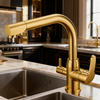Dual-Handle Brass Kitchen Faucet with Drinking Water Function in Premium Brass Body + Zinc Alloy Handle for Project