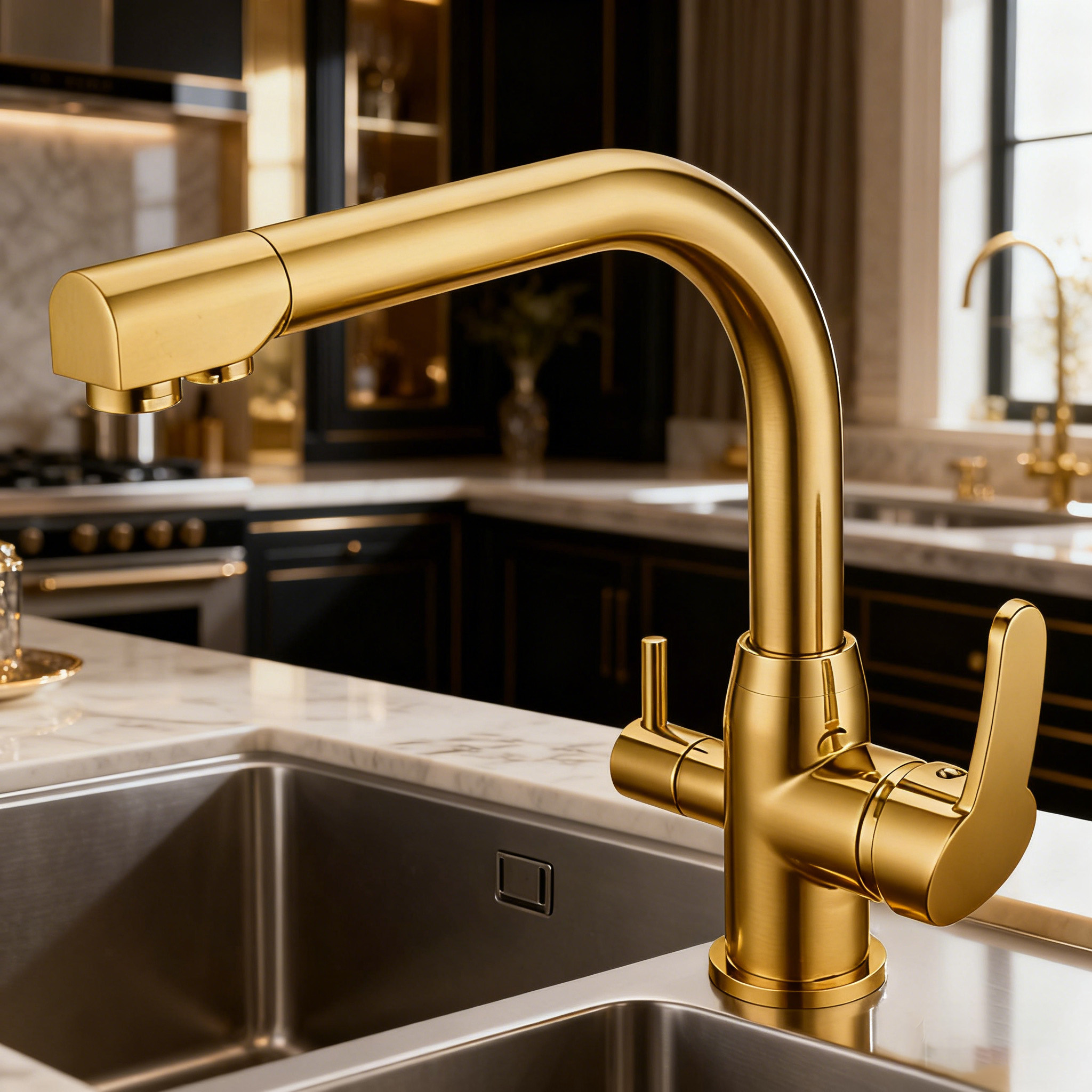 Dual-Handle Brass Kitchen Faucet with Drinking Water Function in Premium Brass Body + Zinc Alloy Handle for Project