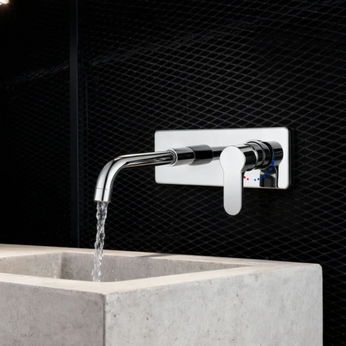 Modern Wall-Mounted Chrome Brass Basin Faucet with Single Lever Mixer And Aerated Sprayer Premium Bathroom Tap for Hotels, Villas & Residential Projects