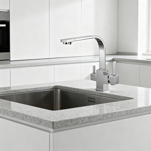 Modern Square-Design Three Way Brass Kitchen Faucet with Zinc-Alloy Handles and Dual-Outlet Sprayer