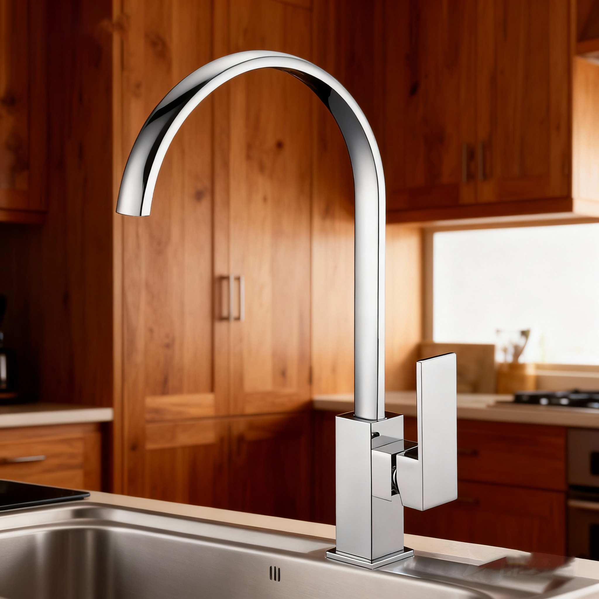 Chrome Kitchen Faucet in High Arc Brass Mixer Tap for Modern Home and Apartment Projects