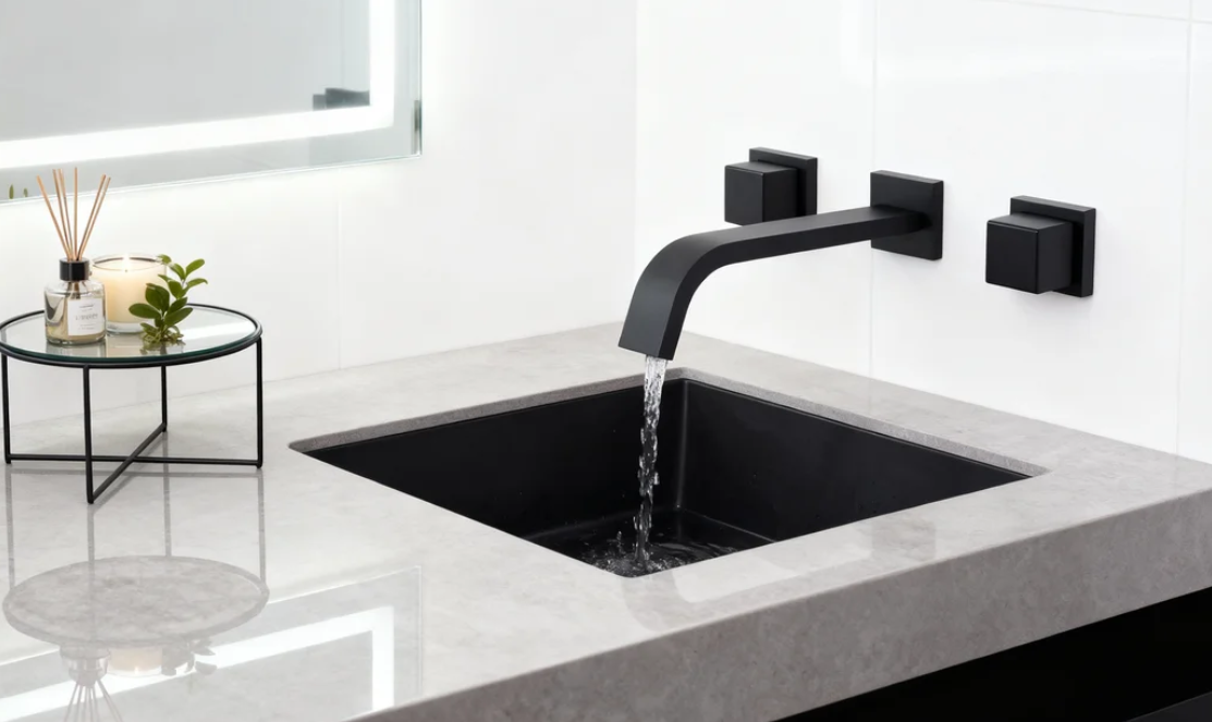 Modern Matte Black Wall-Mounted Basin Faucet Set with Dual Handles Contemporary Brass Bathroom Mixer Tap for Hotel, Residential And Commercial Projects