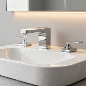 DF-4805 Three-Hole Brass Basin Mixer Faucet Luxury Solid Brass Bathroom Tap with Dual Handles and Precision Water Control Classic Deck-Mounted Widespread Basin Mixer OEM Manufacturer