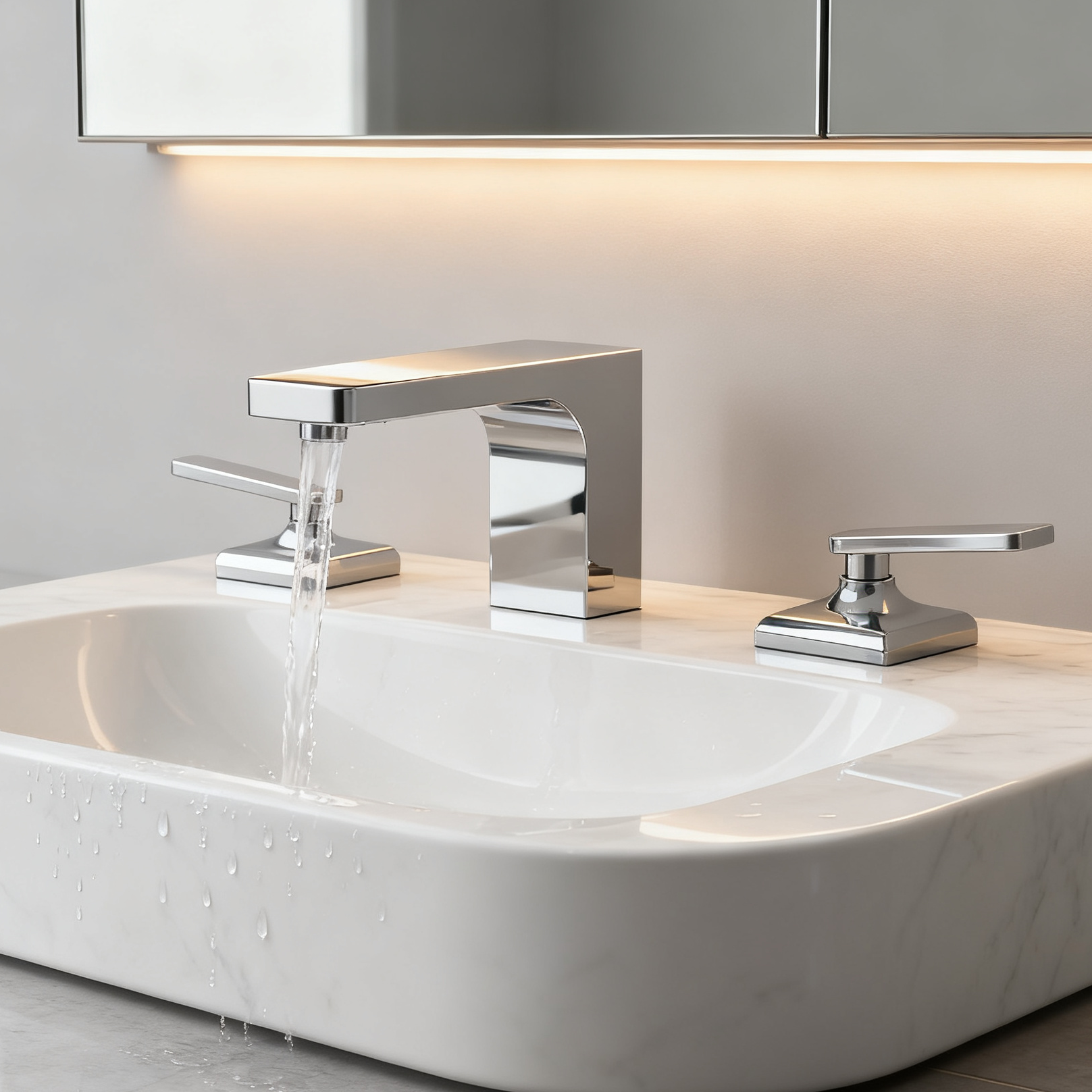 DF-4805 Three-Hole Brass Basin Mixer Faucet Luxury Solid Brass Bathroom Tap with Dual Handles and Precision Water Control Classic Deck-Mounted Widespread Basin Mixer OEM Manufacturer