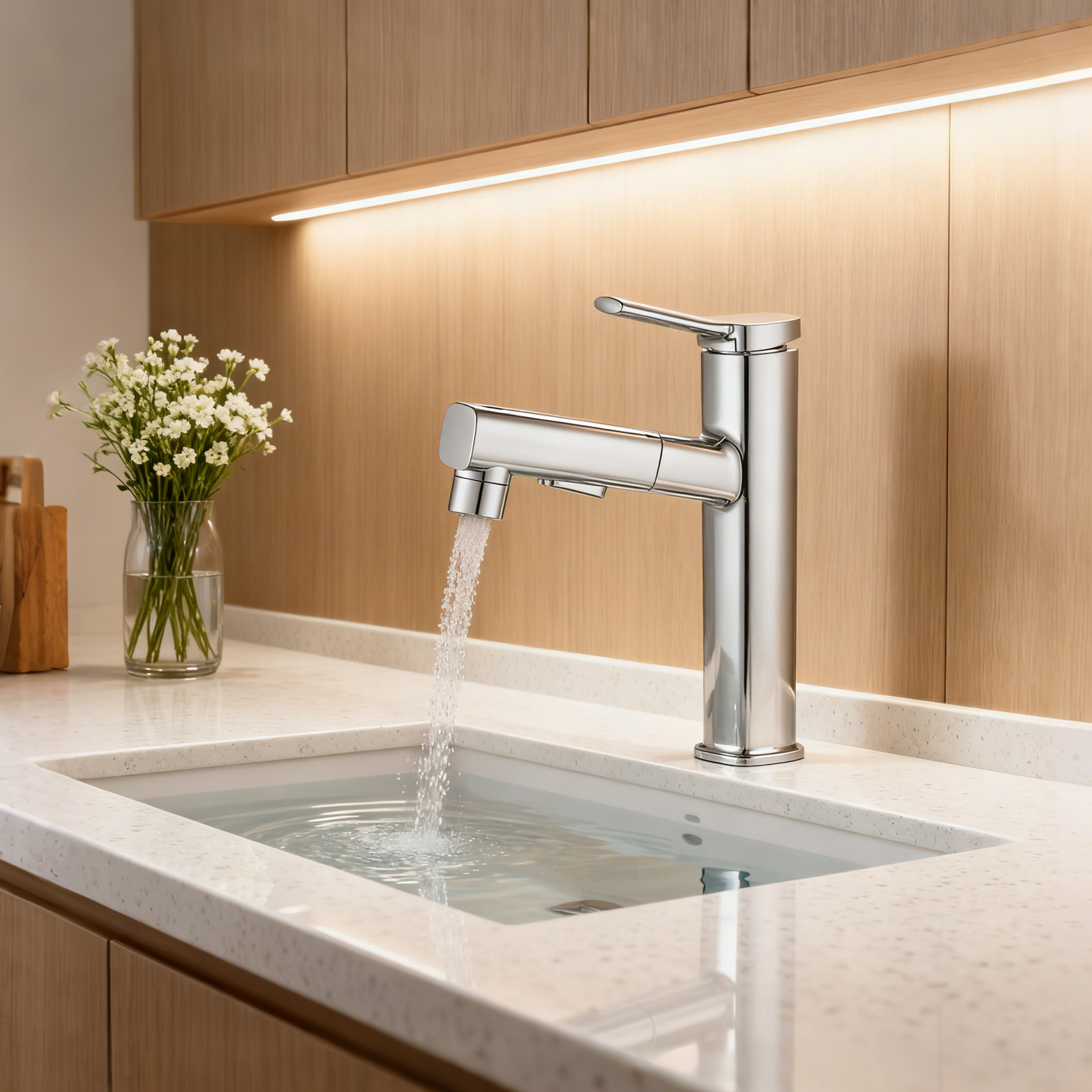 Polished Chrome Single Handle Tall Vessel Sink Bathroom Faucet with Pull-Out Sprayer Head Aerated Dual-Mode Flow and Corrosion-Resistant Copper Construction - Model 1401024