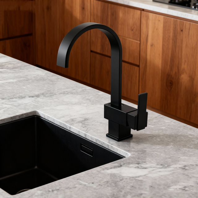 Modern Square-Base Kitchen Faucet with Chrome High Arc Mixer Tap with Sprayer for Residential and Commercial Projects