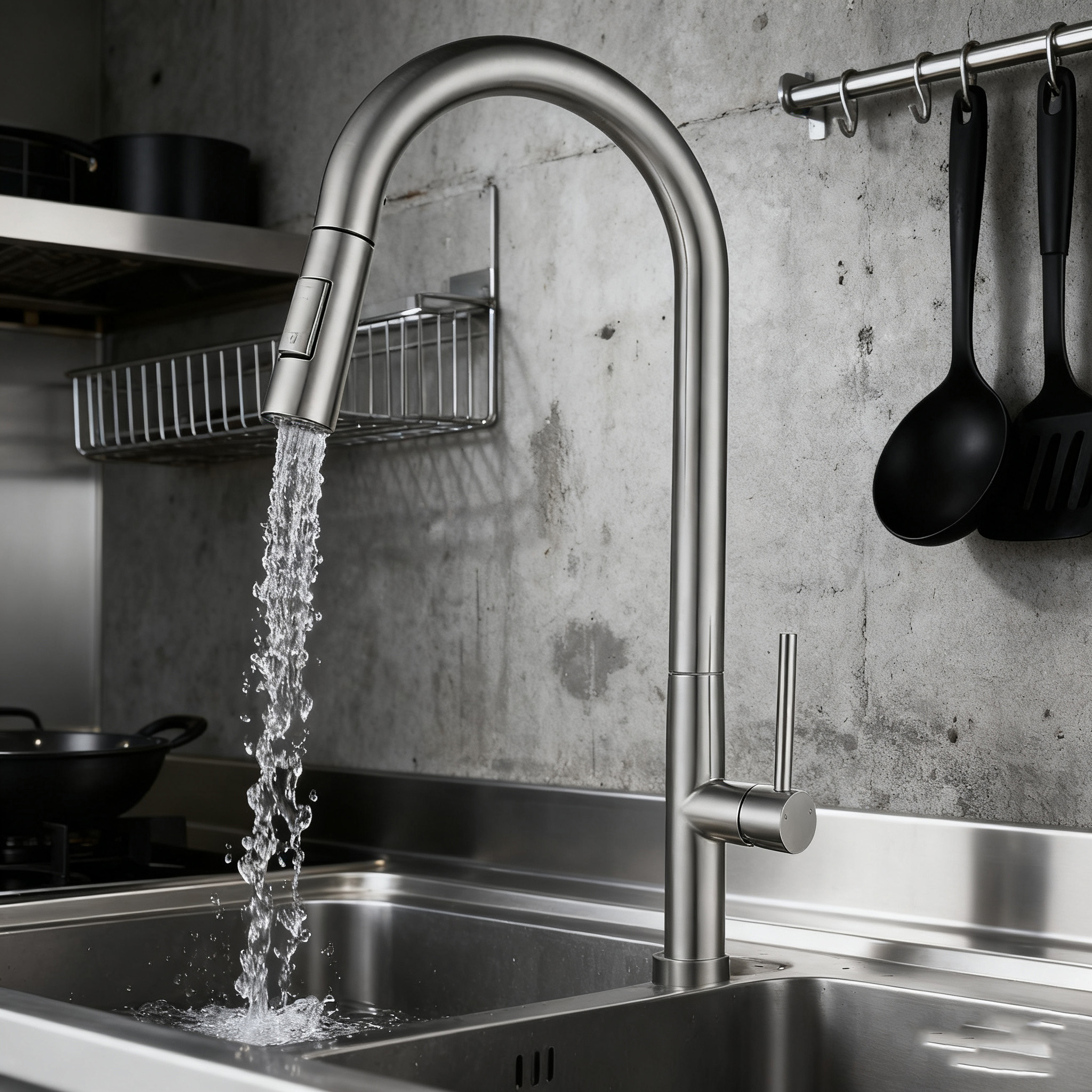 High Arc Stainless Steel Pull-Down Kitchen Faucet with Dual-Function Sprayer from China manufacturer 