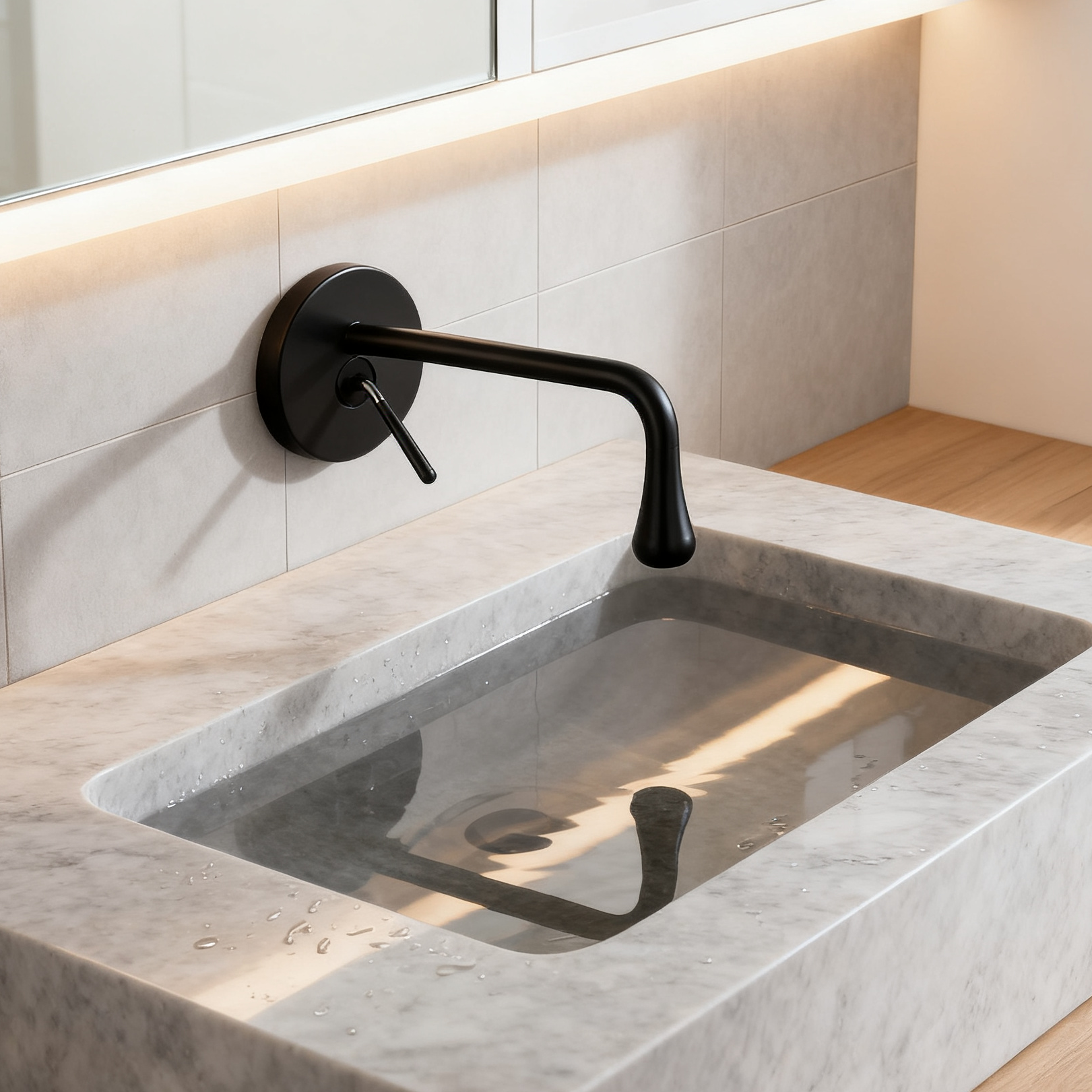 Matte Black Wall Mounted Bathroom Sink Faucet with Curved Teardrop Spout Lever Handle Aerated Flow Corrosion-Resistant Copper Construction and Sleek Minimalist Design - Model 1401014