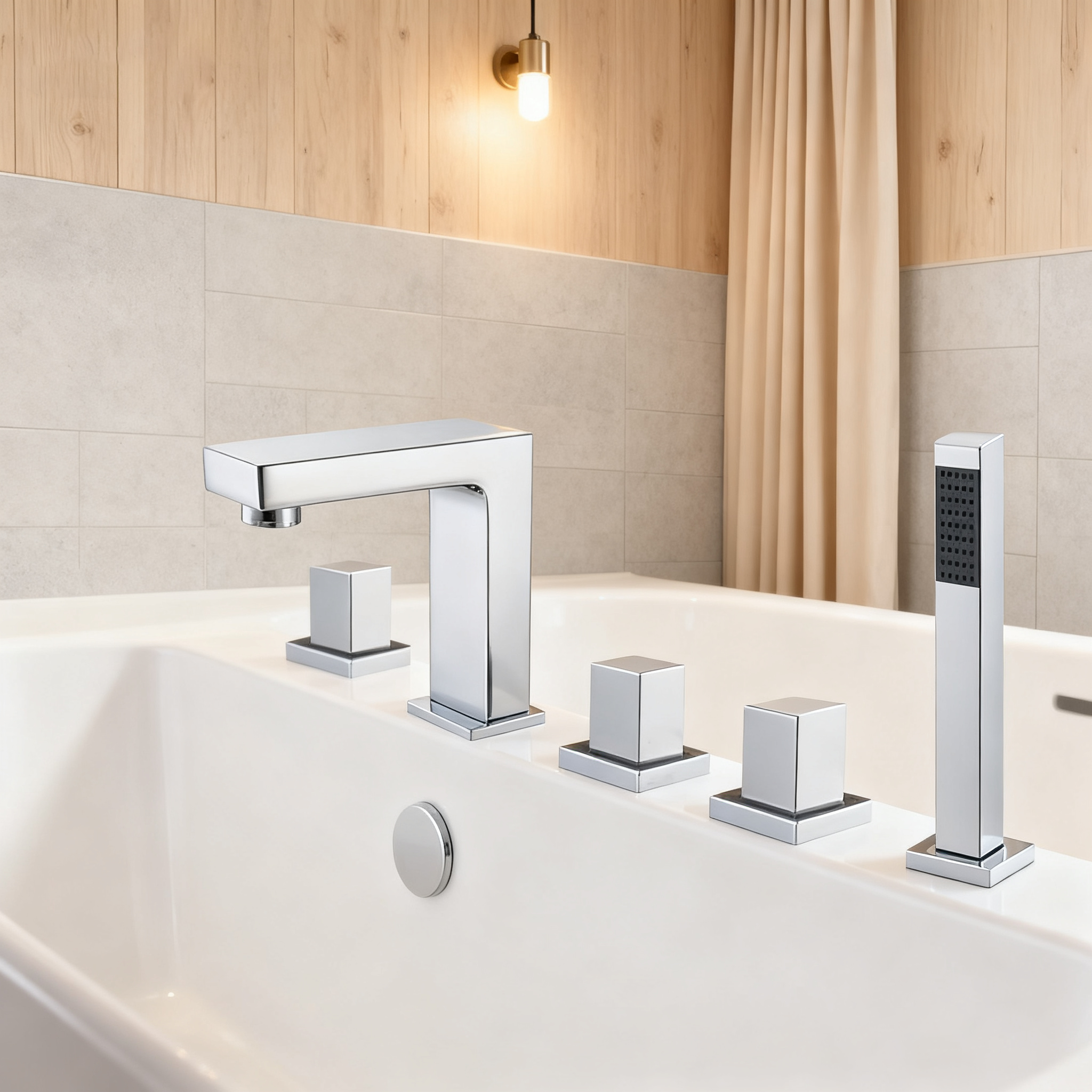 Five-Piece Deck-Mounted Bathtub Faucet Set | Brass Body | Independent Diverter | Hand Shower