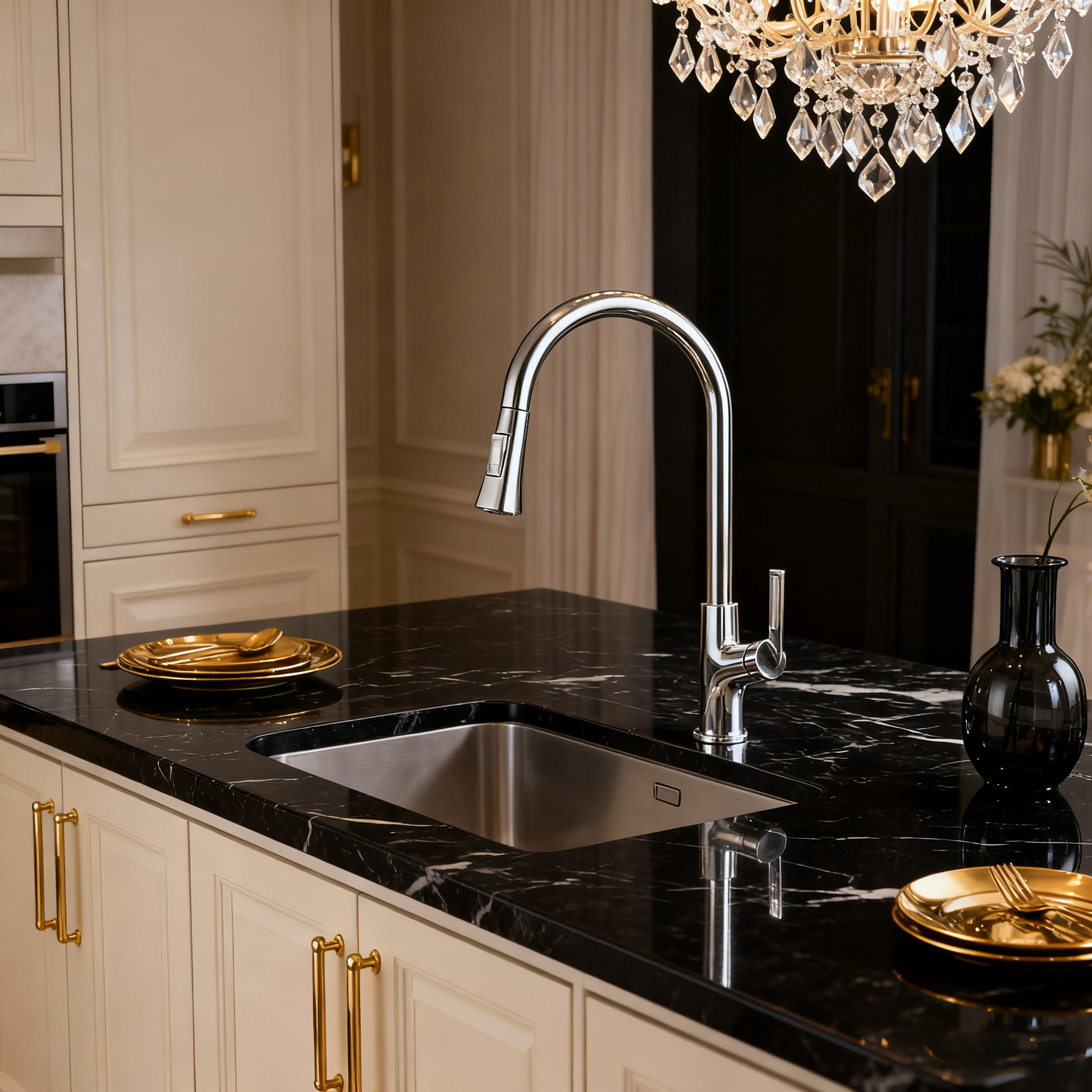 Modern Pull Down Kitchen Faucet With Sprayer Single Handle High Arc Chrome Finish Brass Body from China manufacturer 