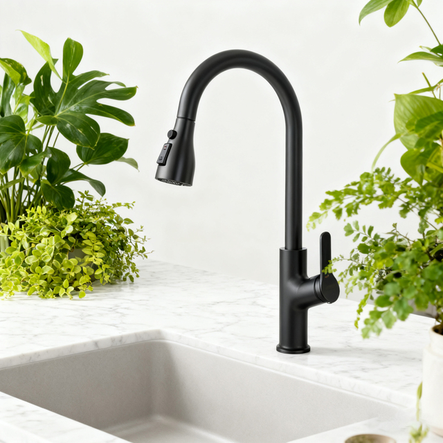 Commercial Pull-Down Matte Black Zinc Alloy Kitchen Faucet with Chrome-Plated Tap and Dual-Mode Sprayer 