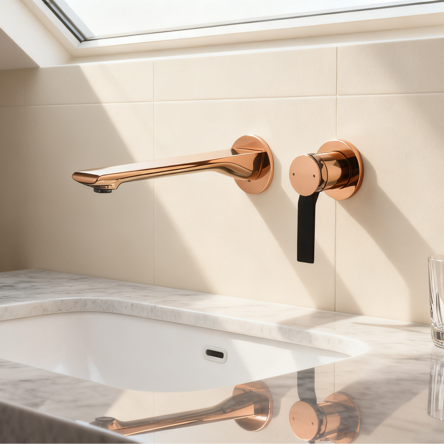 1401036 Rose Gold Brass Wall-Mounted Basin Faucet Luxury Dual-Tone Wall Mixer Modern Basin Faucet with Aerated Sprayer