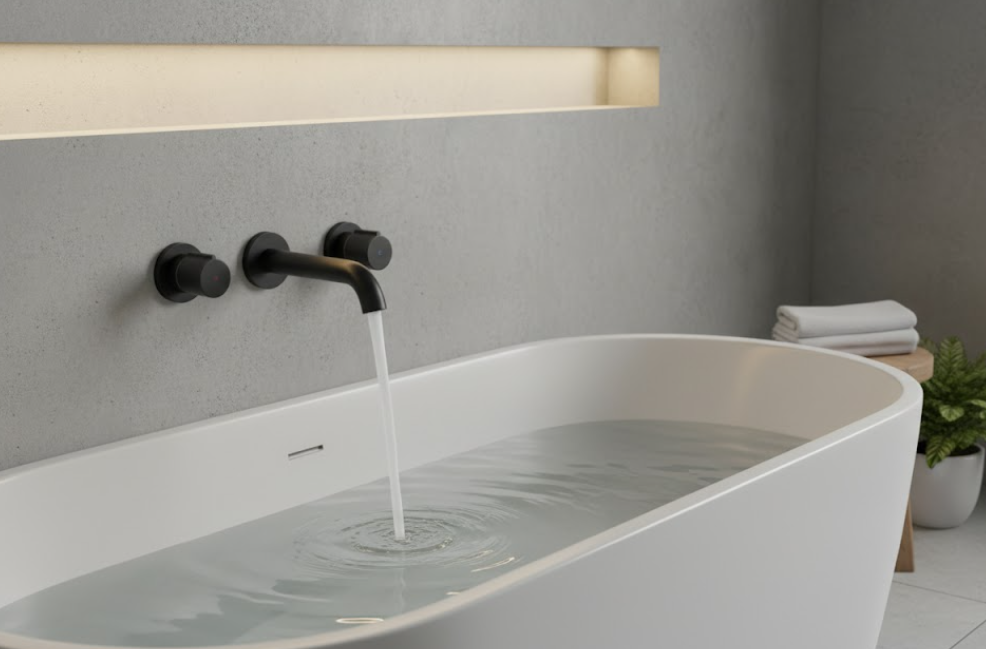 Matte Black Wall Mounted Dual Handle Bathroom Sink Faucet with Hot and Cold Controls Curved Aerated Spout and Corrosion Resistant Finish for Contemporary Vessel Sink and Basin Installations