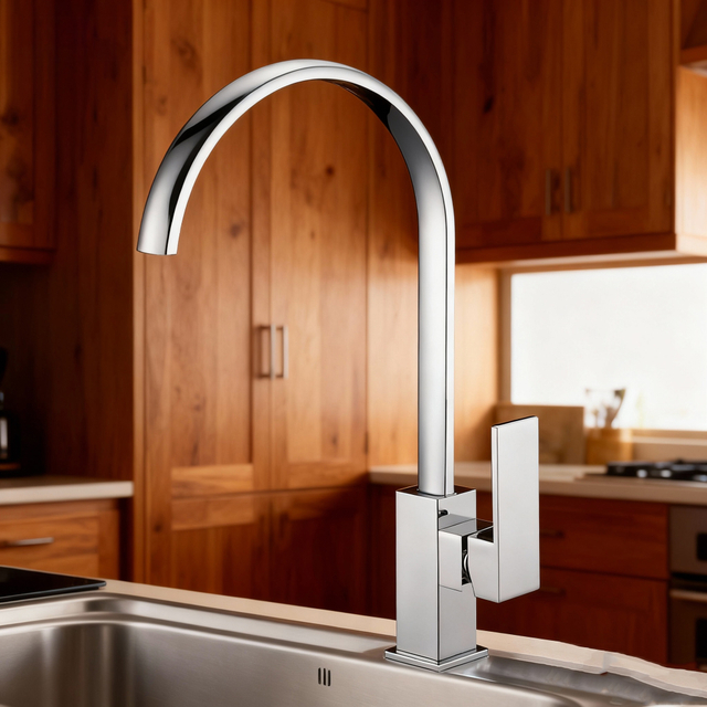 Chrome Kitchen Faucet in High Arc Brass Mixer Tap for Modern Home and Apartment Projects