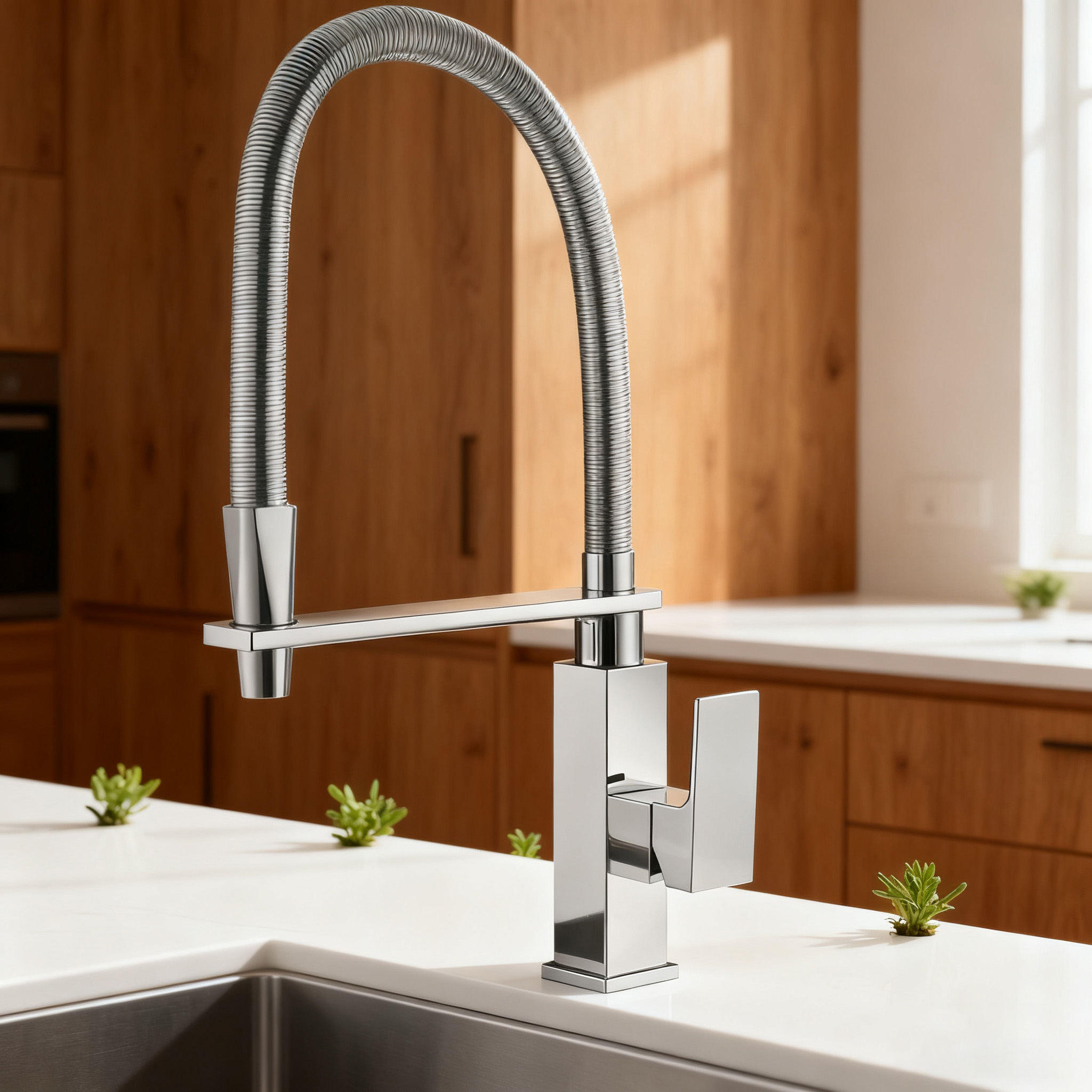 Commercial Pull Down Kitchen Faucet in High-Arc Brass Mixer Tap with Flexible Spring Sprayer for Modern Projects