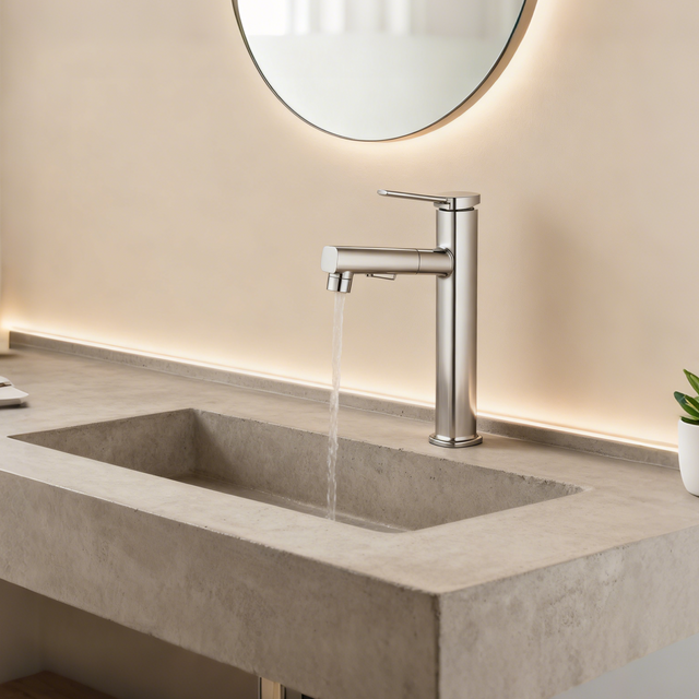 Polished Chrome Single Handle Tall Vessel Sink Bathroom Faucet with Pull-Out Sprayer Head Aerated Dual-Mode Flow and Corrosion-Resistant Copper Construction - Model 1401024