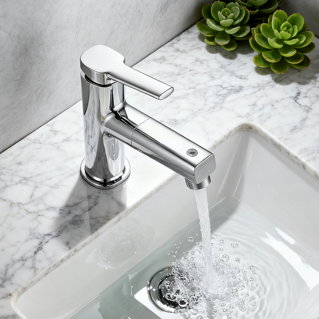 Polished Chrome Single Handle Tall Vessel Sink Bathroom Faucet with Pull-Out Sprayer Head Dual Function Aerated and Spray Modes and Corrosion-Resistant Copper Construction - Model 1401023