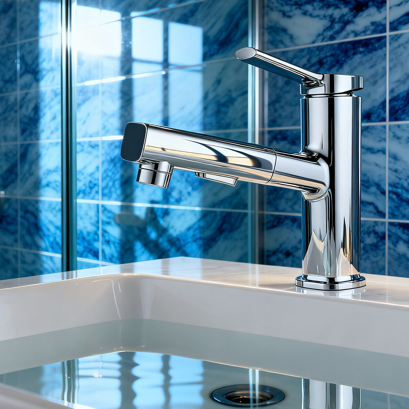 Polished Chrome Single Handle Tall Vessel Sink Bathroom Faucet with Pull-Out Sprayer Head Dual Function Aerated and Spray Modes and Corrosion-Resistant Copper Construction - Model 1401023