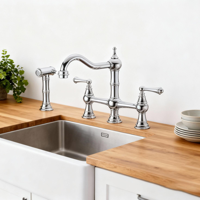 Premium Chrome Bridge Kitchen Faucet with Side Sprayer and Hot and cold switches