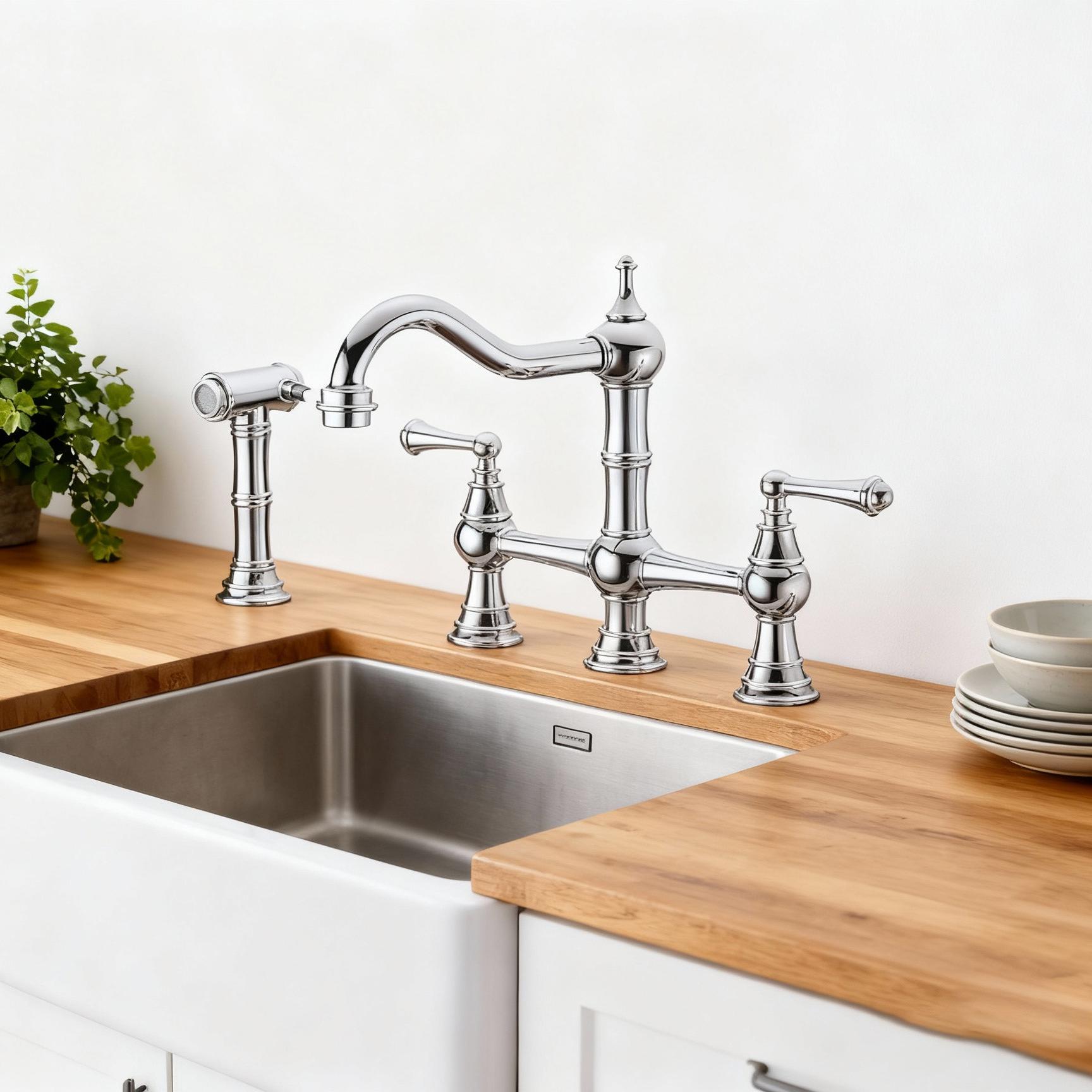 Premium Chrome Bridge Kitchen Faucet with Side Sprayer and Hot and cold switches