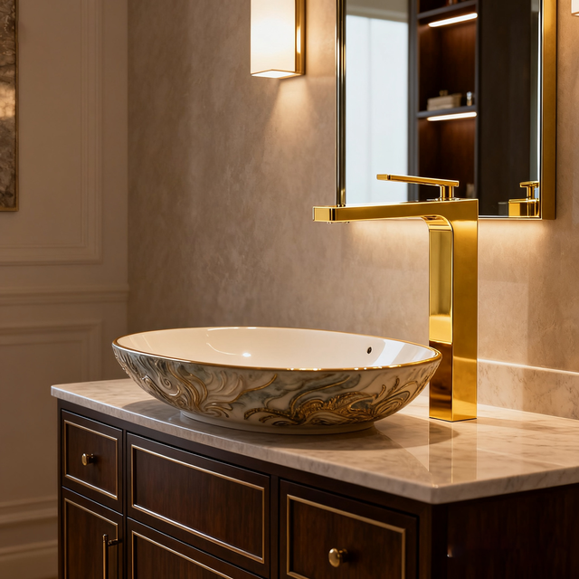 Brushed Gold Tall Square Basin Faucet – Modern Brass Vessel Sink Mixer Tap | Single-Handle | OEM & Project Ready