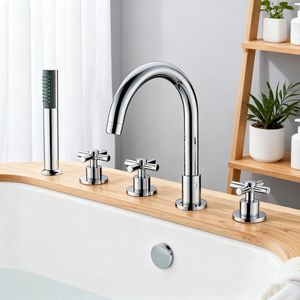 DF-02035 Deck-Mounted Bathtub Mixer – Classic Cross Handle 5-Hole Roman Tub Faucet Set in Brushed Gold