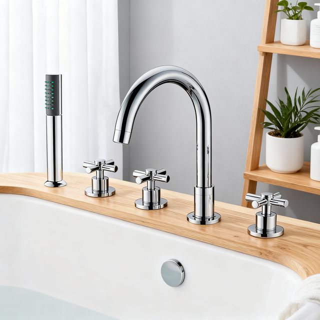 DF-02035 Deck-Mounted Bathtub Mixer – Classic Cross Handle 5-Hole Roman Tub Faucet Set in Brushed Gold