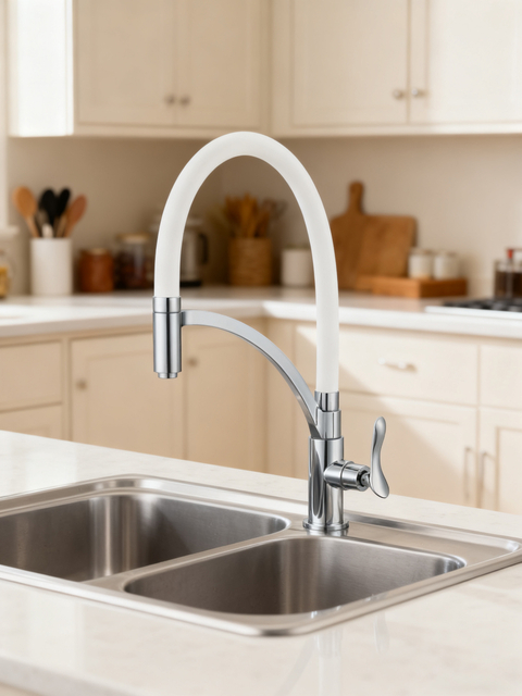 Modern Flexible Silicone Hose Kitchen Faucet with Chrome Finish, Single Handle Pull Down Mixer Tap for Sink