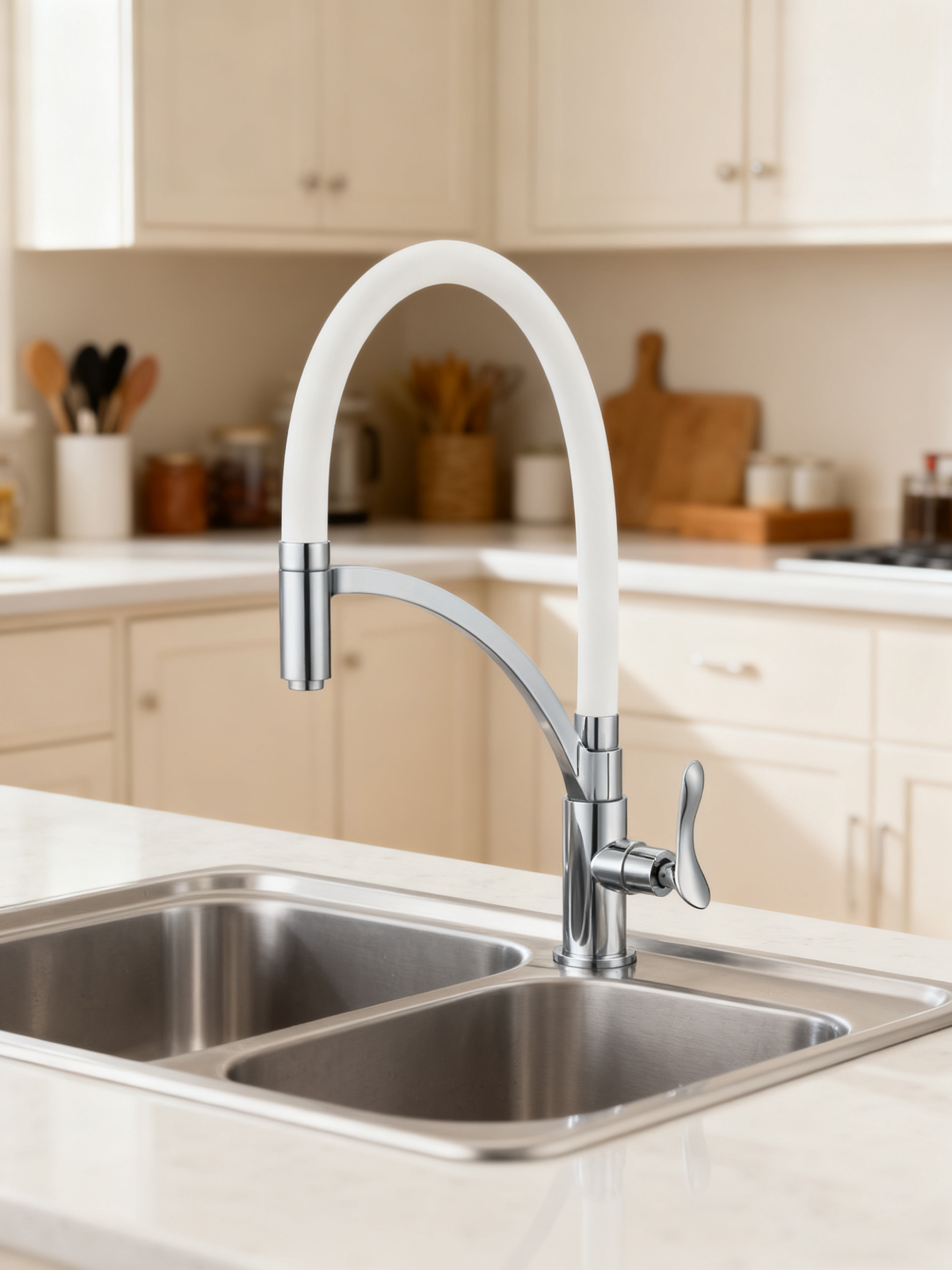 Modern Flexible Silicone Hose Kitchen Faucet with Chrome Finish, Single Handle Pull Down Mixer Tap for Sink