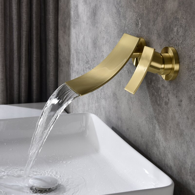 Brushed Gold Wall Mounted Waterfall Bathroom Sink Faucet with Single Lever Handle Wide Cascade Spout and Corrosion Resistant Finish for Modern Basin Installations