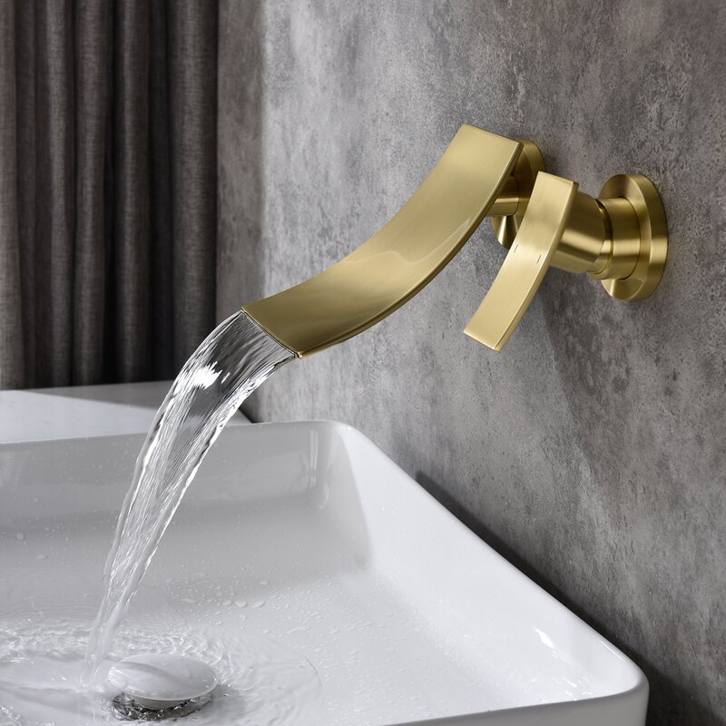 Brushed Gold Wall Mounted Waterfall Bathroom Sink Faucet with Single Lever Handle Wide Cascade Spout and Corrosion Resistant Finish for Modern Basin Installations