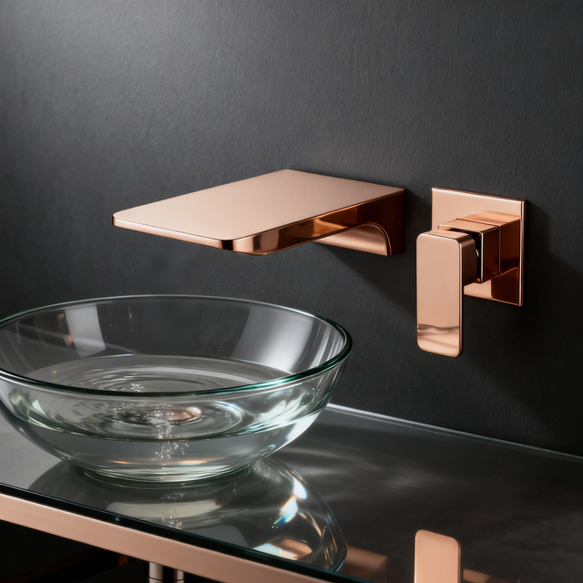 1402006 Wall-Mounted Brass Basin Faucet (Brushed Nickel) Architectural Waterfall Spout Single Handle Mixer Modern Premium Bathroom Collection